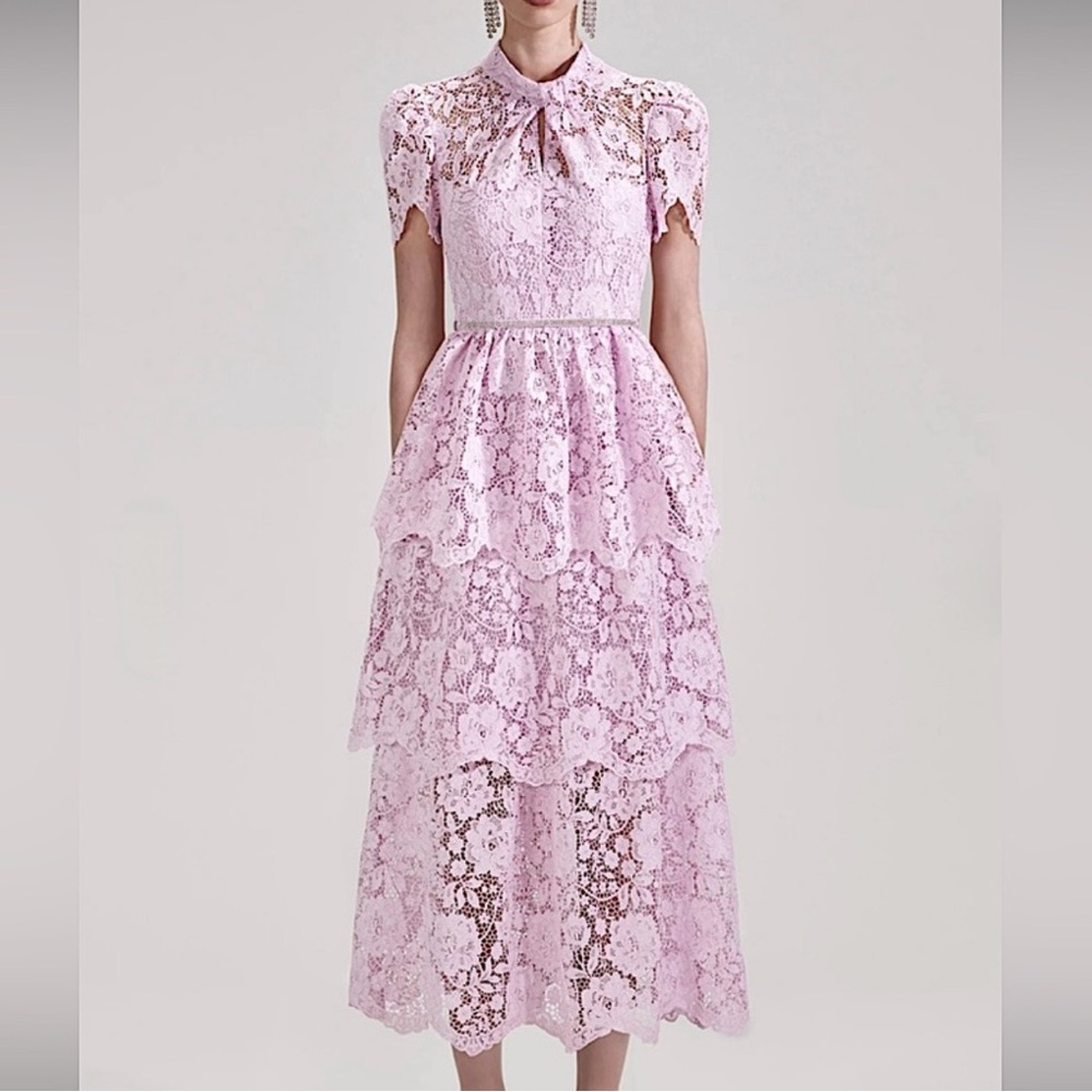 Self-Portrait Pink Lace Tiered Sleeve Midi Dress